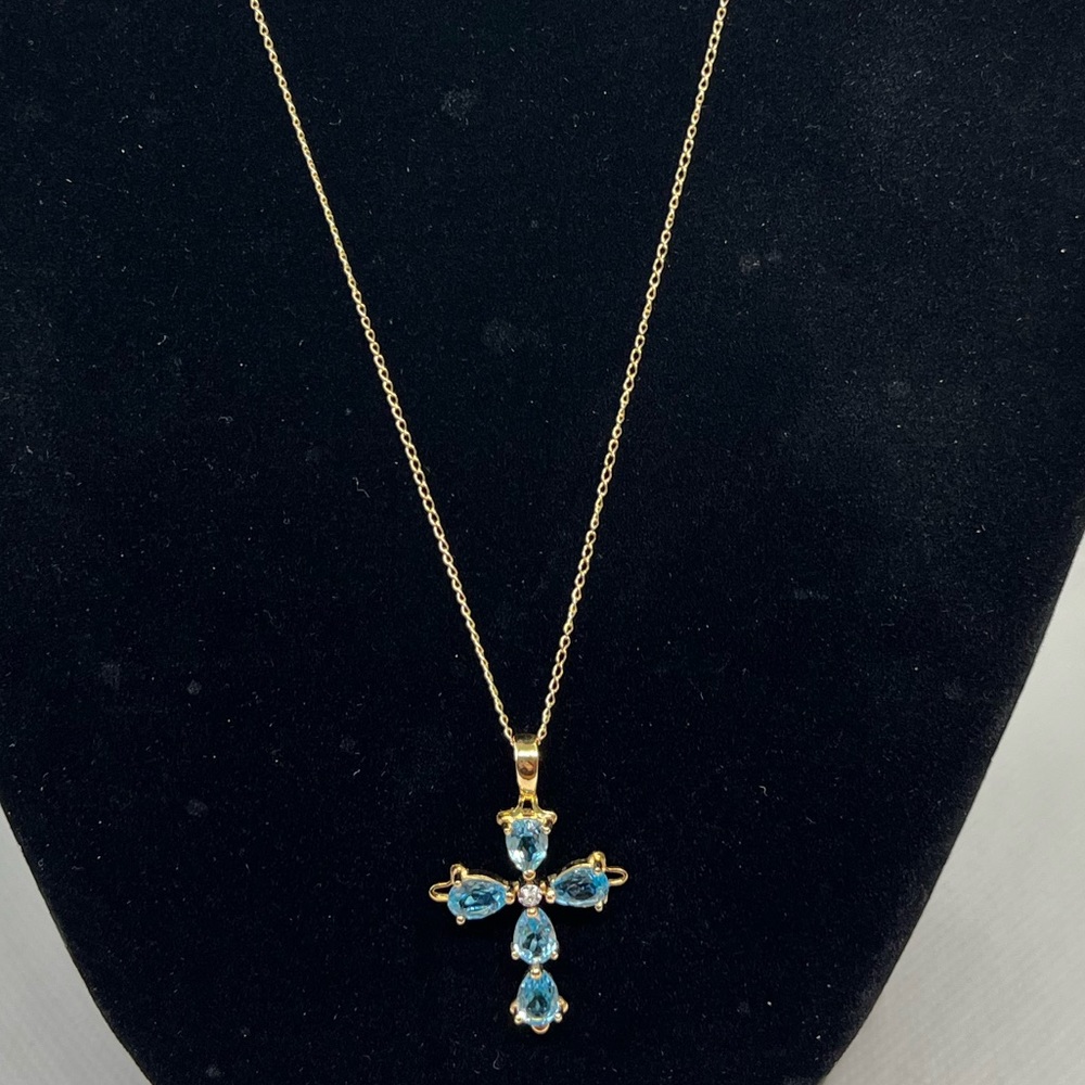 14kt yellow gold natural blue topaz and diamond 18” cross necklace